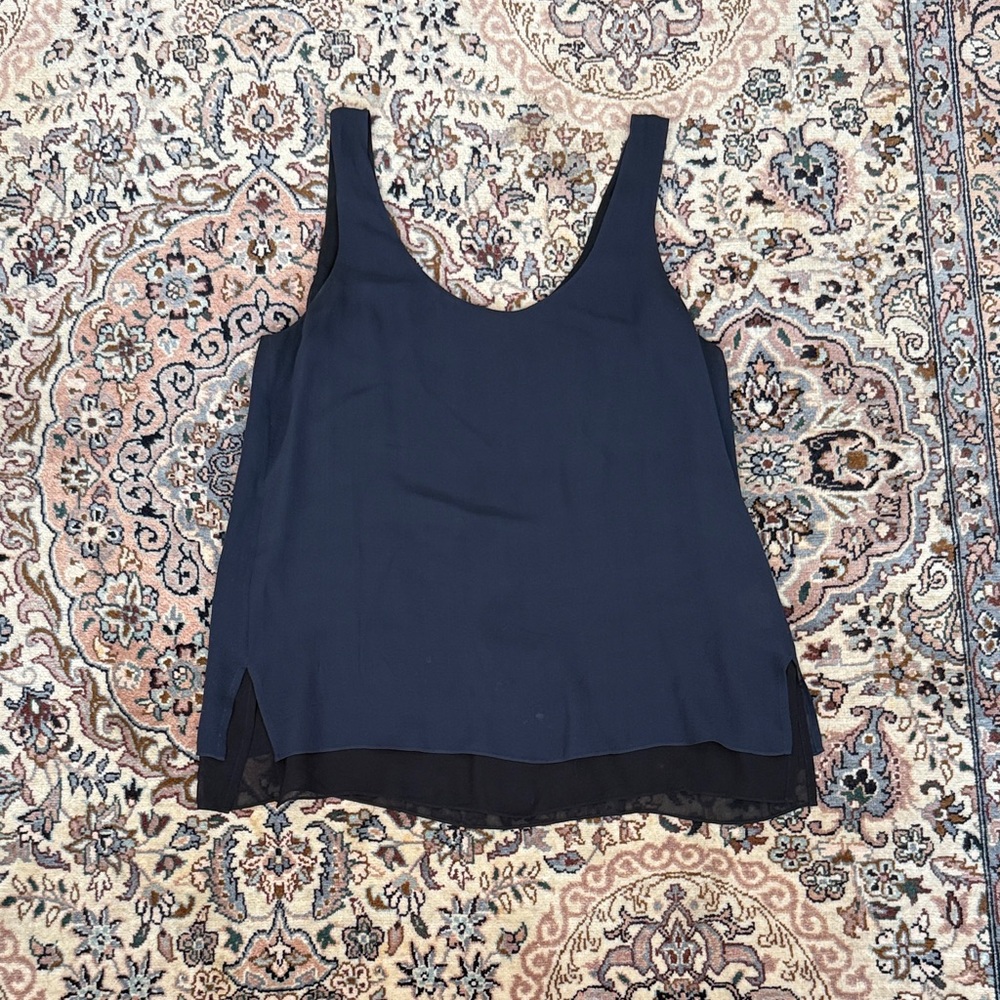 Vince Navy Double-Layer Chiffon Scoop Tank